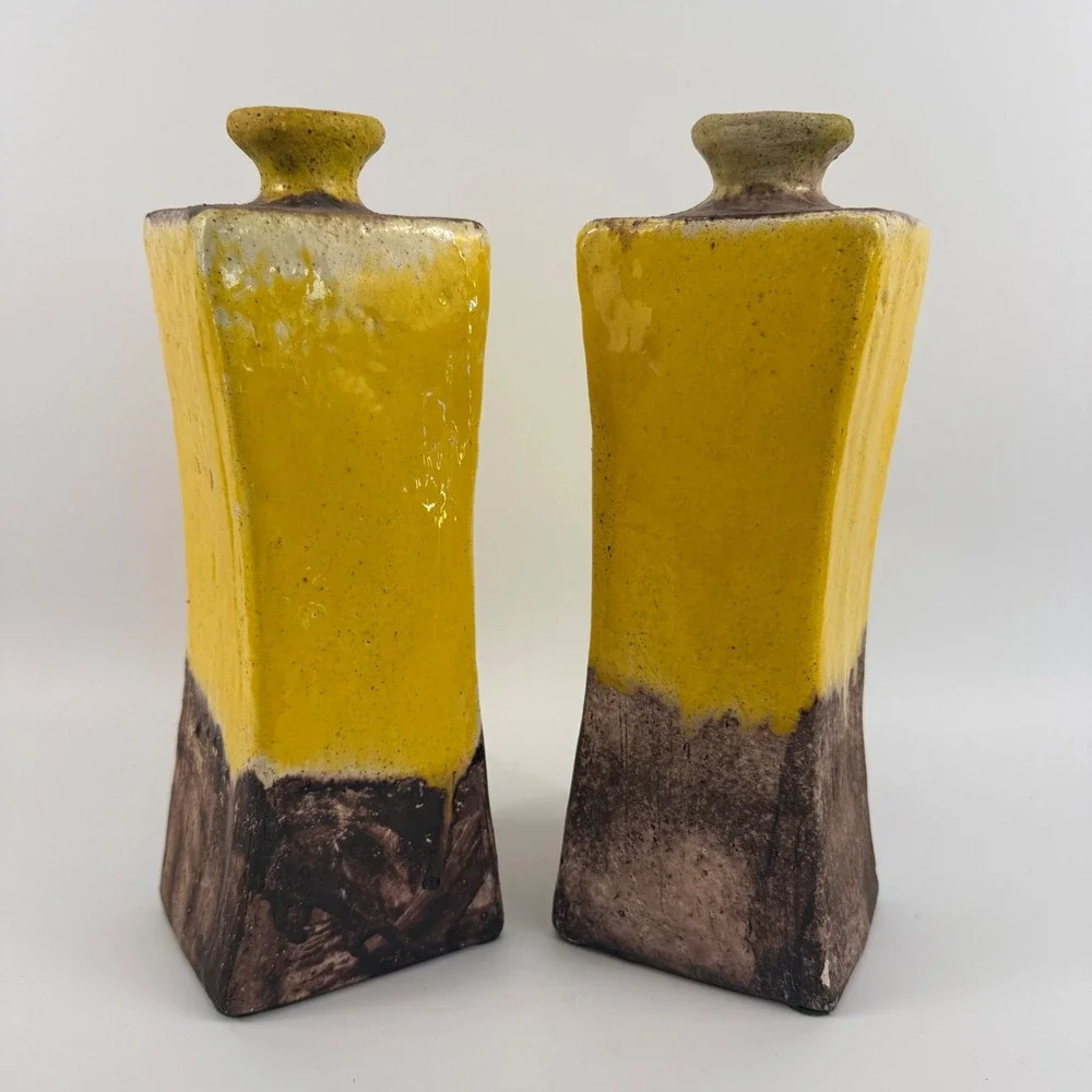 Vintage Studio Pottery Square Bottles Pair Mustard Yellow Drip Glaze Modern